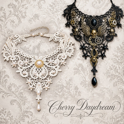 Ivory Lace Choker with Pearl and Gold Details
