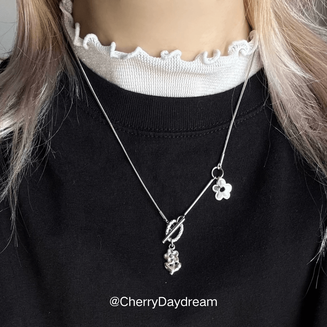 Silver Flower Toggle Charm Necklace