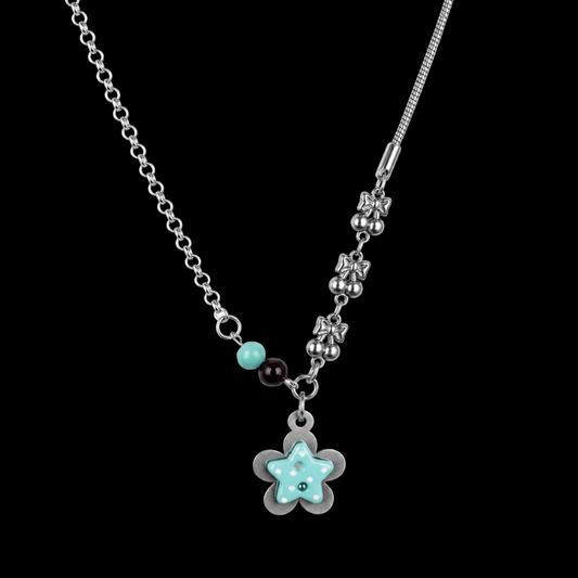 Mint Star Flower Charm Necklace — Y2K Dreamcore Layered Chain Jewelry
