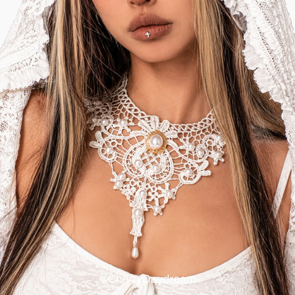 Ivory Lace Choker with Pearl and Gold Details