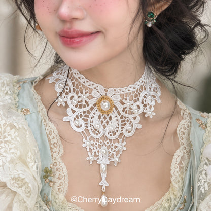 Ivory Lace Choker with Pearl and Gold Details