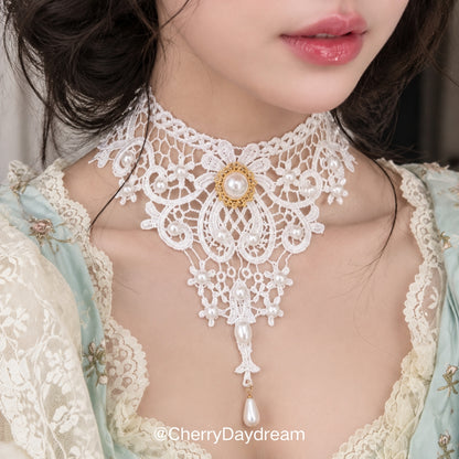 Ivory Lace Choker with Pearl and Gold Details