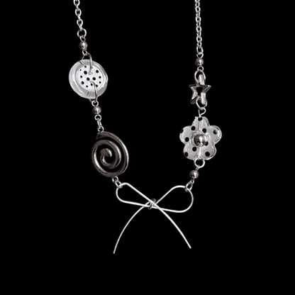 Silver Bow Charm Necklace — Y2K Vintage Layered Chain Jewelry