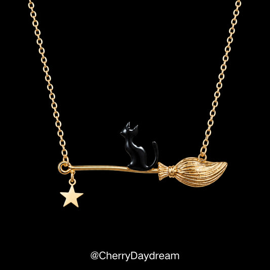 Cat on a Broom Star Necklace