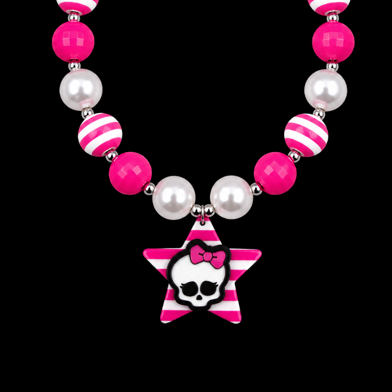 Pink Rebel Star Necklace — Y2K Skull Beaded Choker
