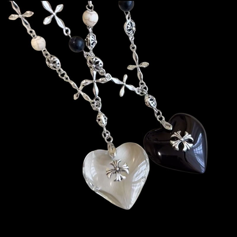 Midnight Heart Cross Necklace — Vintage Gothic Beaded Chain
