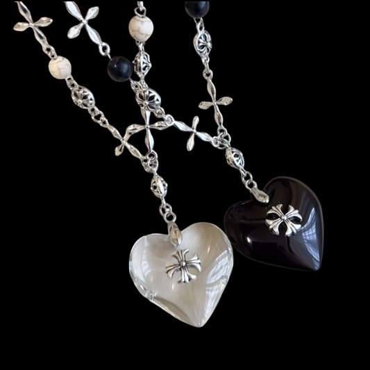 Midnight Heart Cross Necklace — Vintage Gothic Beaded Chain