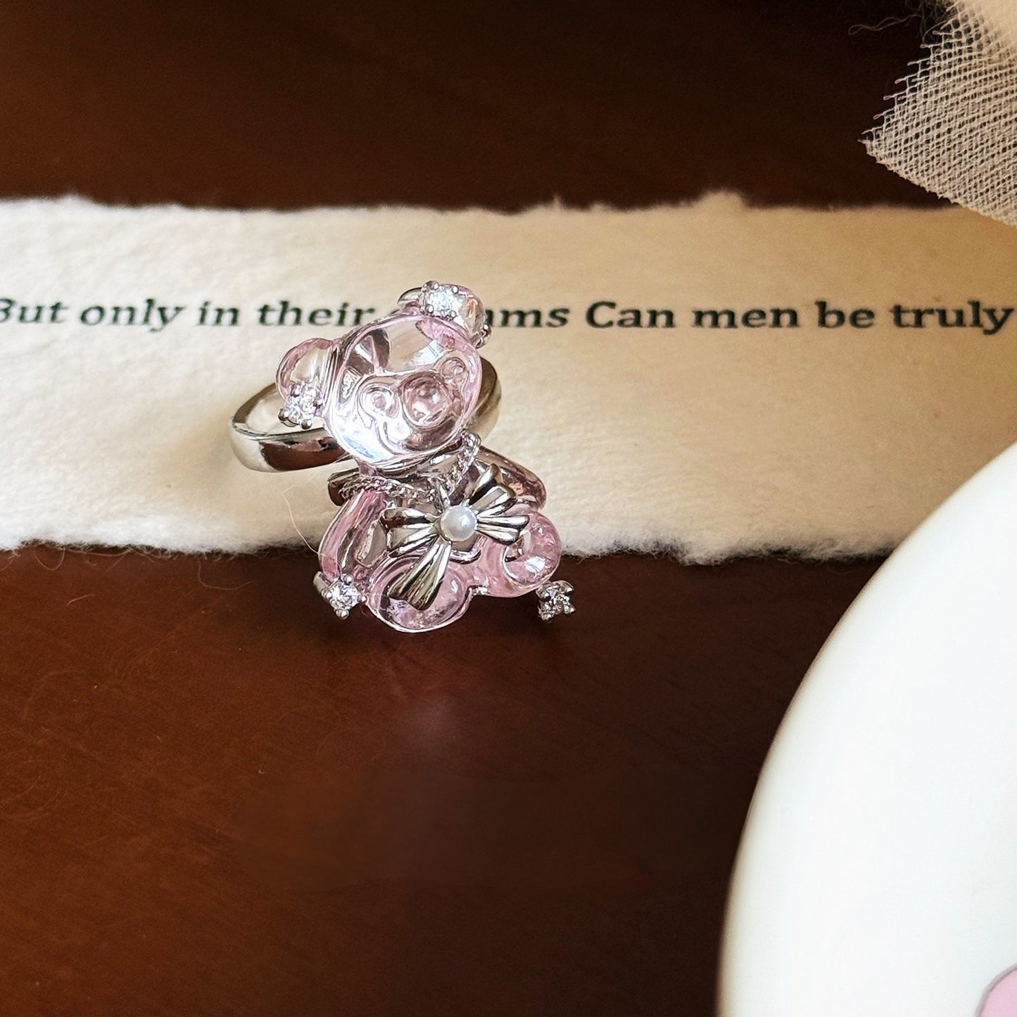 Pink Teddy Bear Ring — Cute Crystal Bow Bear Statement Ring
