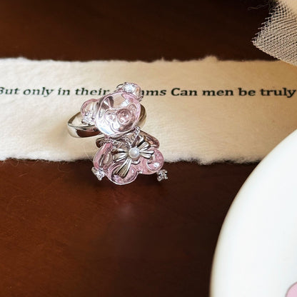 Pink Teddy Bear Ring — Cute Crystal Bow Bear Statement Ring
