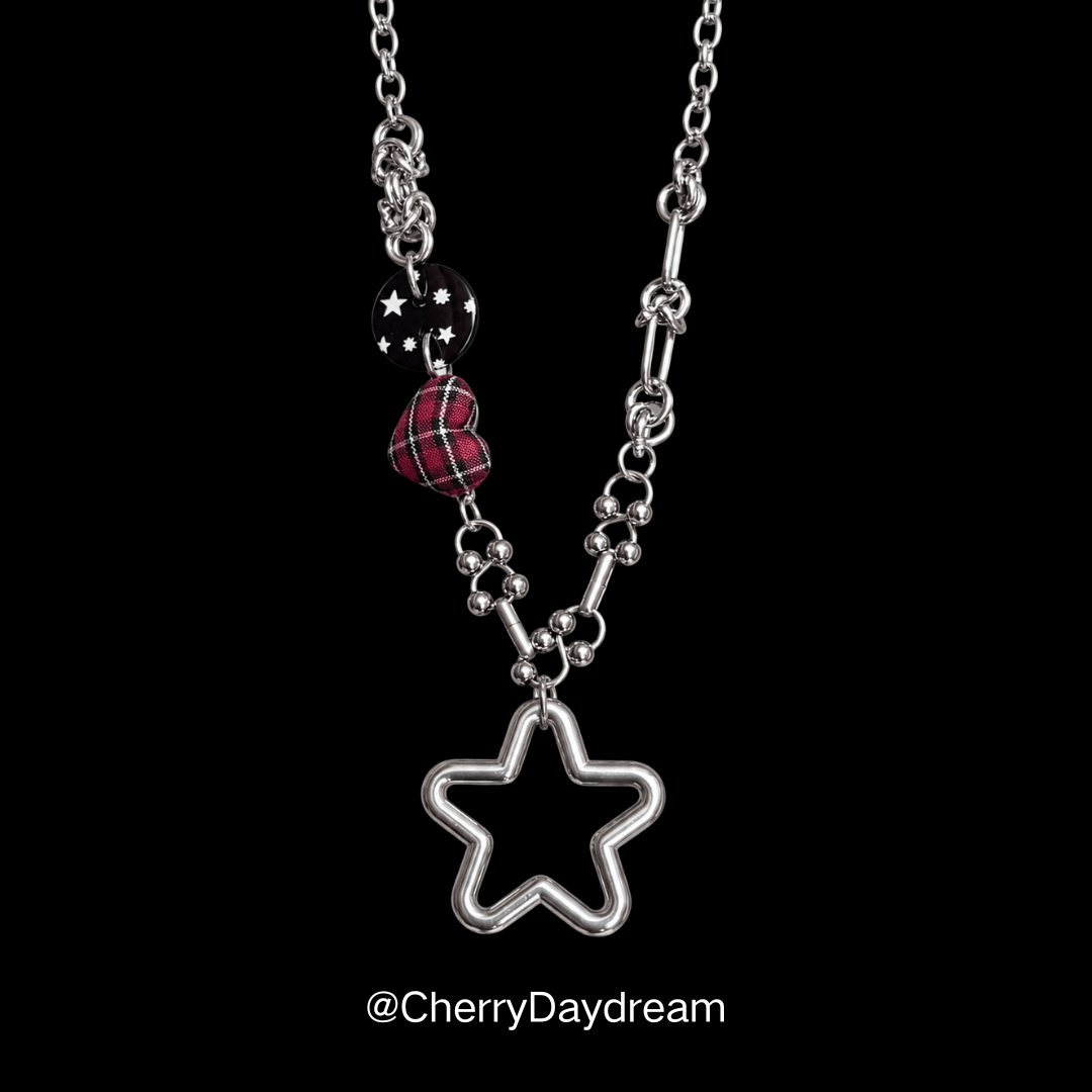 Red Plaid Heart Star Charm Necklace