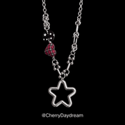 Red Plaid Heart Star Charm Necklace
