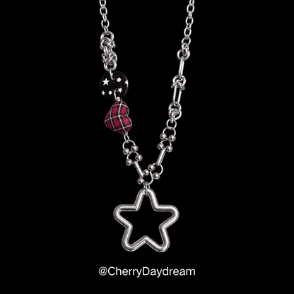 Red Plaid Heart Star Charm Necklace