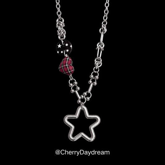 Red Plaid Heart Star Charm Necklace