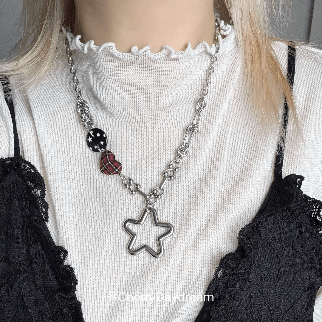 Red Plaid Heart Star Charm Necklace