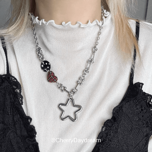 Red Plaid Heart Star Charm Necklace