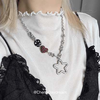 Red Plaid Heart Star Charm Necklace
