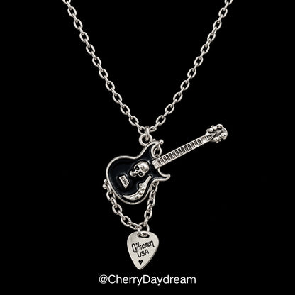 Black Skull Guitar Charm Necklace