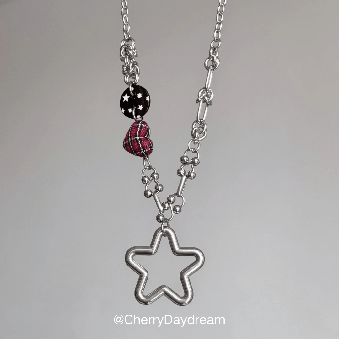 Red Plaid Heart Star Charm Necklace