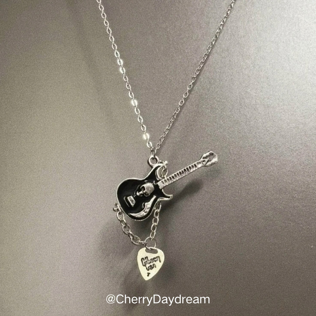 Black Skull Guitar Charm Necklace