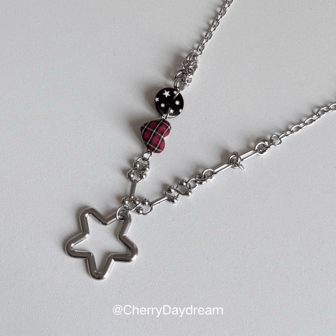 Red Plaid Heart Star Charm Necklace