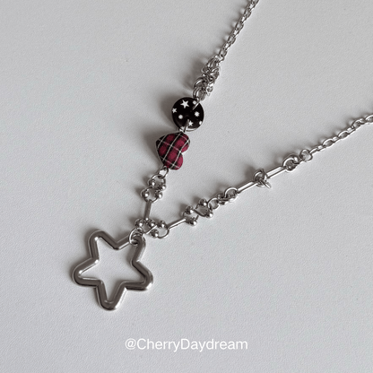 Red Plaid Heart Star Charm Necklace