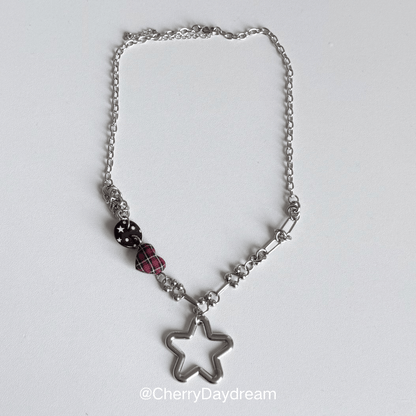 Red Plaid Heart Star Charm Necklace