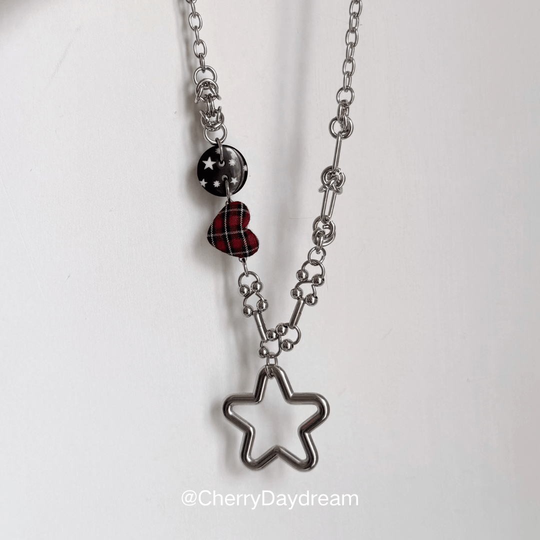 Red Plaid Heart Star Charm Necklace