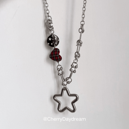 Red Plaid Heart Star Charm Necklace