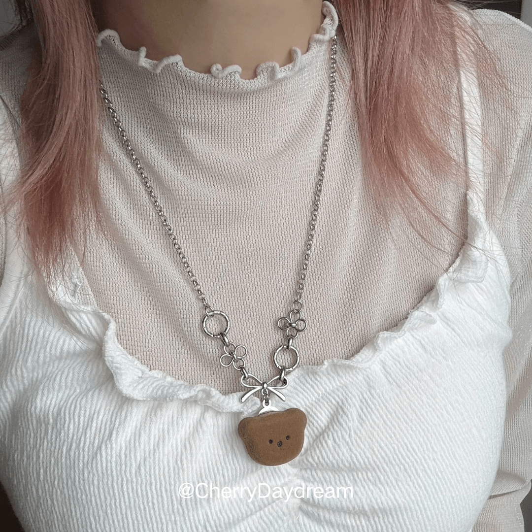 Teddy Bear Bow Flower Charm Necklace