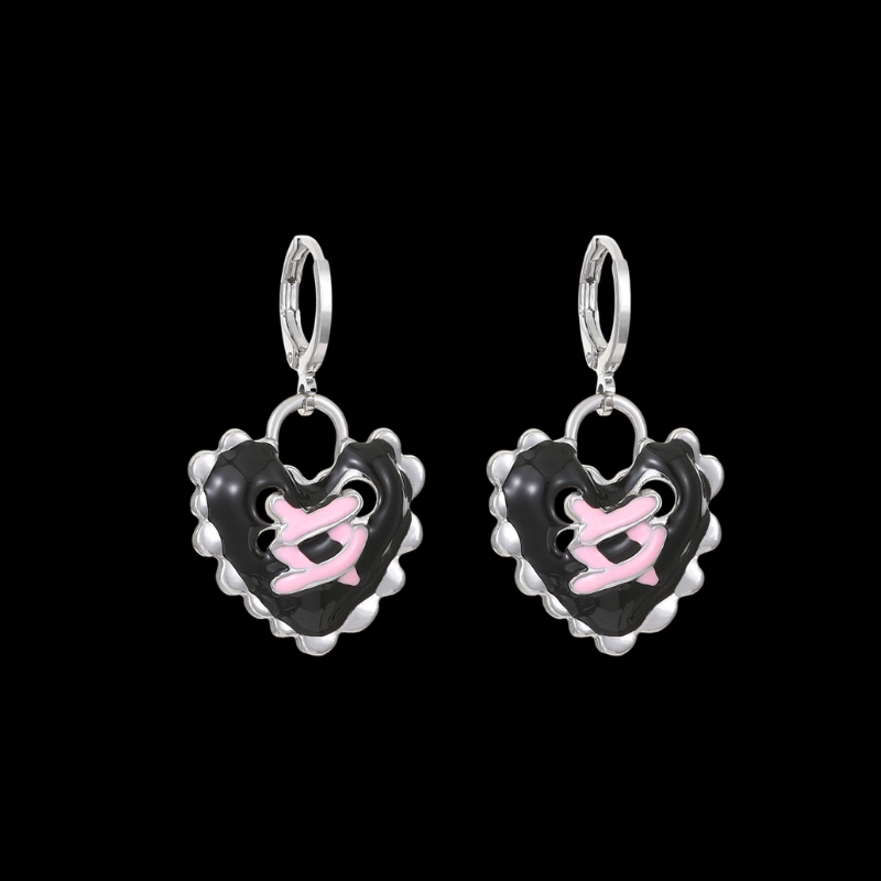 Black Heart Y2K Earrings with Pink Ribbon Detail – Gothic Sweetheart Drop Earrings