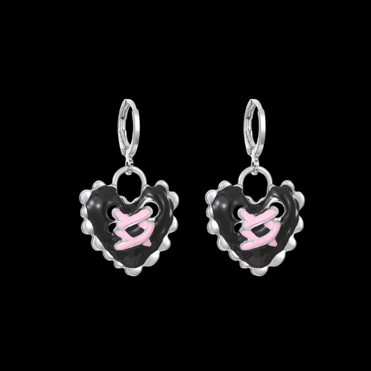 Black Heart Y2K Earrings with Pink Ribbon Detail – Gothic Sweetheart Drop Earrings