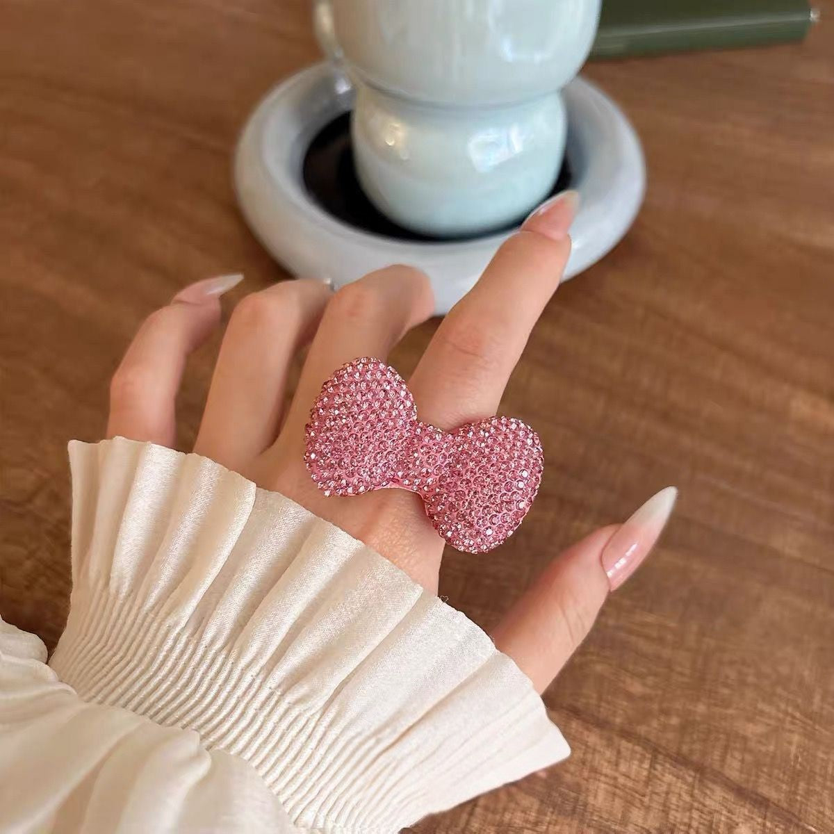 Pink Crystal Bow Ring — Y2K Sparkle Statement Ring