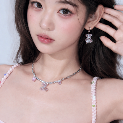 Pink Teddy Bear Charm Necklace — Y2K Cute Crystal Pendant Chain