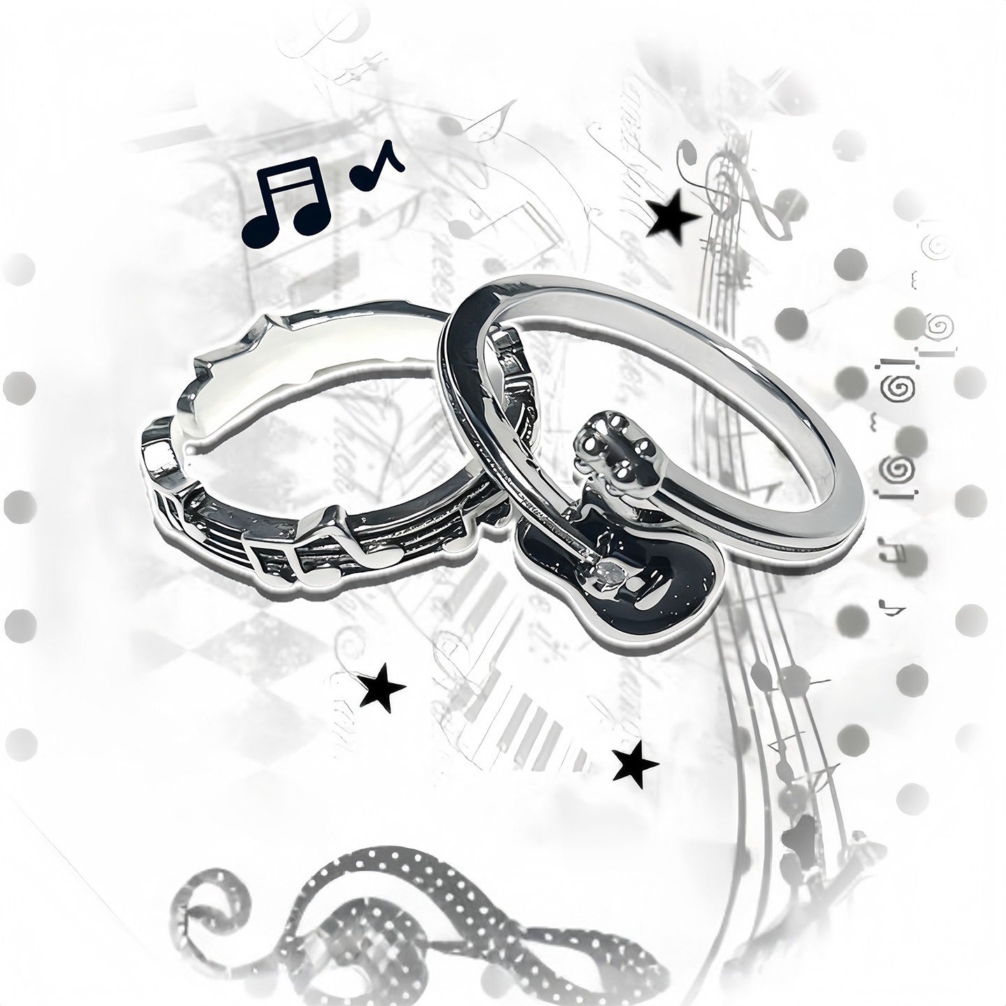 Guitar & Music Note Stackable Rings | Vintage Silver Tone Alloy Jewelry Set