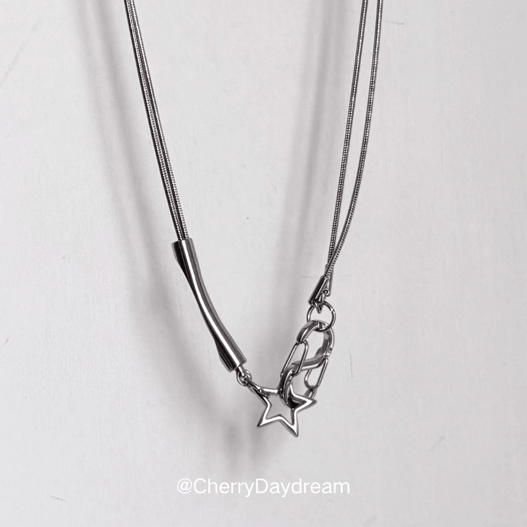 Silver Curved Bar Star Clasp Necklace