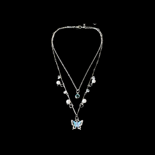 Celestial Butterfly Pearl Layered Necklace – Vintage Silver Alloy Charm Necklace