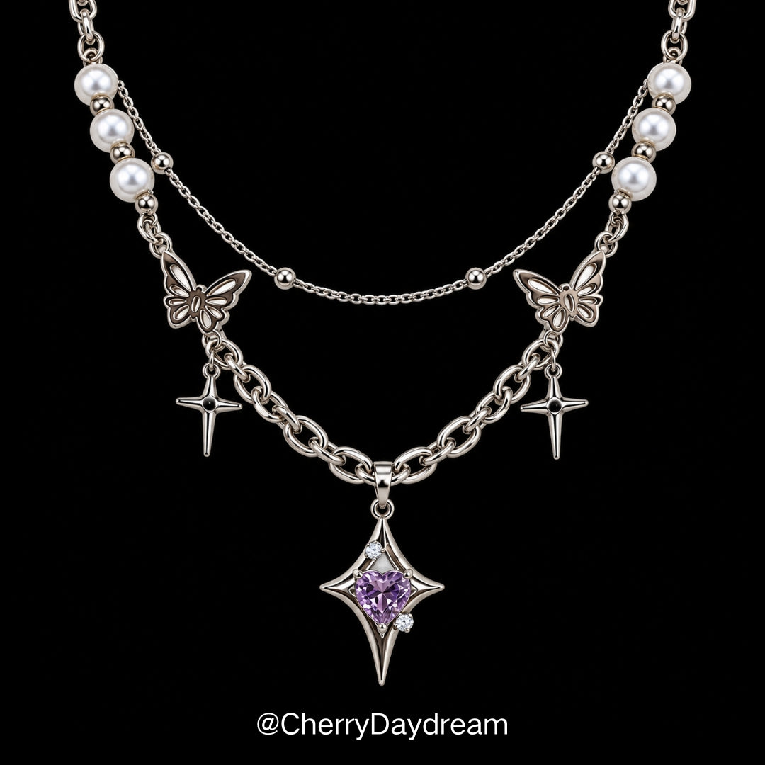 Purple Heart Butterfly Layered Charm Necklace