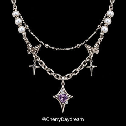 Purple Heart Butterfly Layered Charm Necklace