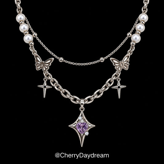 Purple Heart Butterfly Layered Charm Necklace