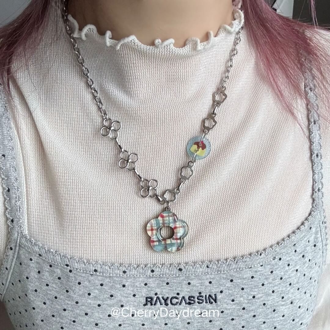 Plaid Flower Mixed Chain Necklace