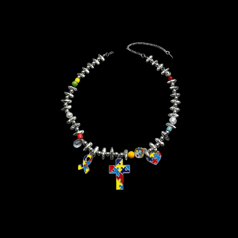 Colorful Puzzle Cross Charm Necklace | Y2K Street Style Alloy Pendant Necklace
