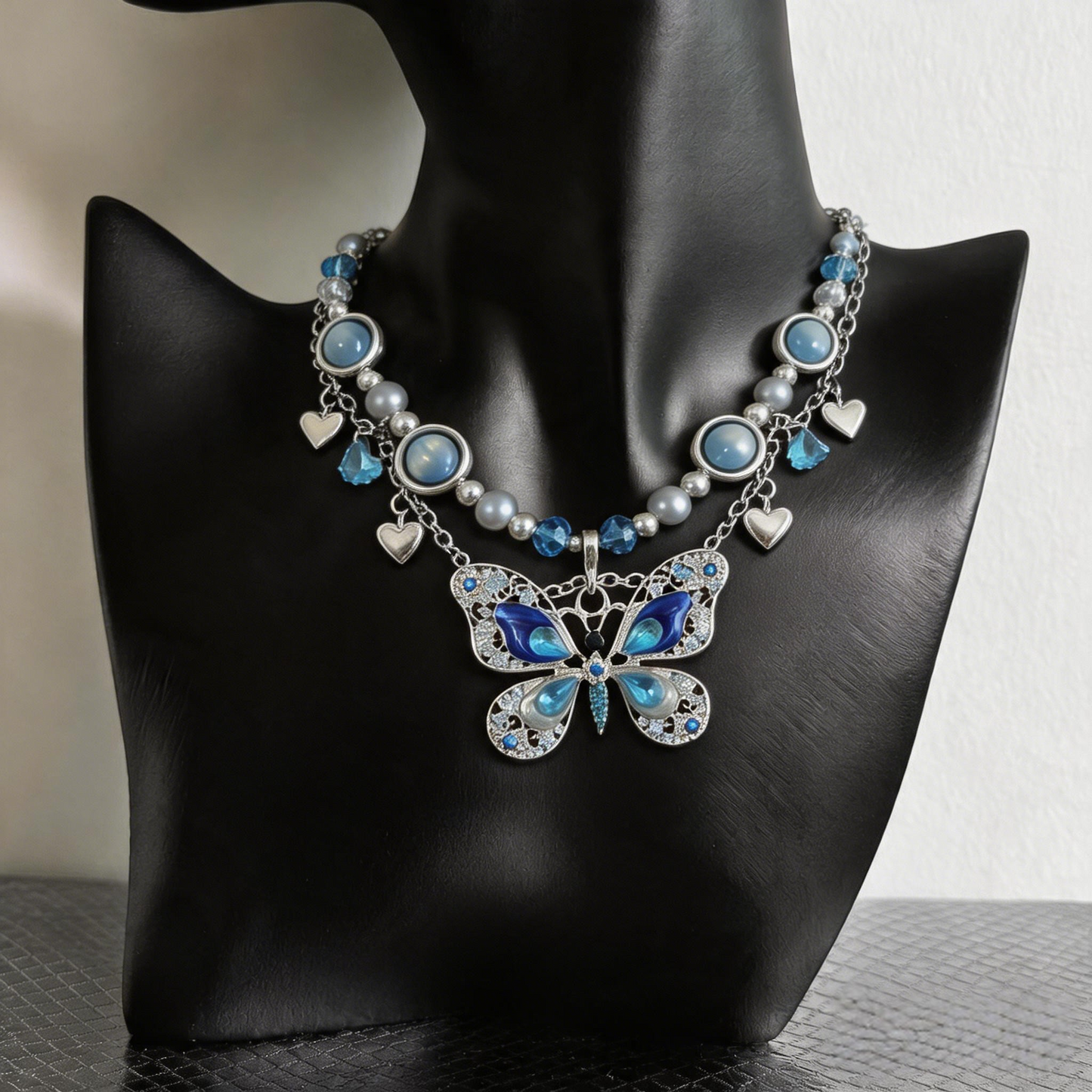 Blue Butterfly Pearl Layered Necklace – Dreamy Fairycore Statement Jewelry