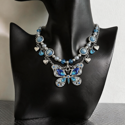 Blue Butterfly Pearl Layered Necklace – Dreamy Fairycore Statement Jewelry