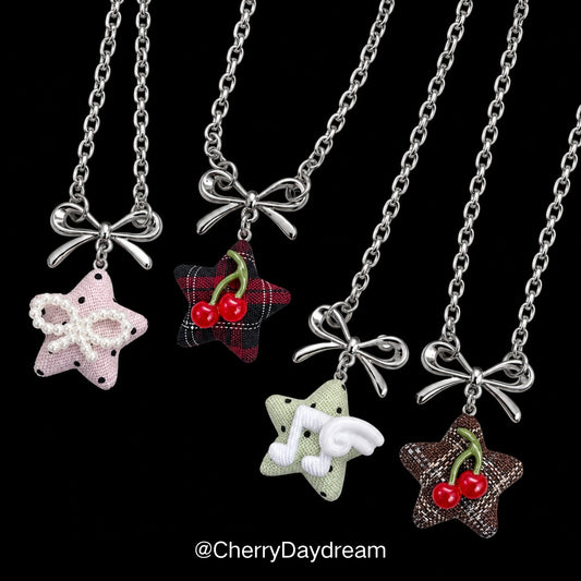 Silver Bow Fabric Star Charm Necklace