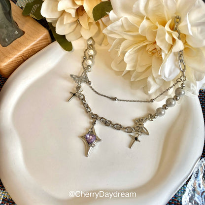 Purple Heart Butterfly Layered Charm Necklace