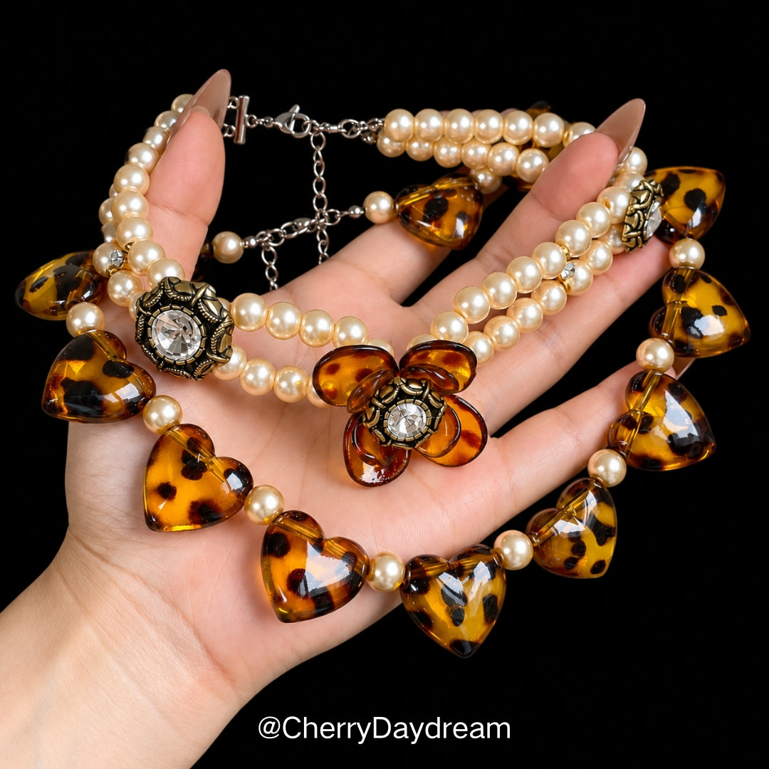 Tortoiseshell Heart & Pearl Layered Necklace Set