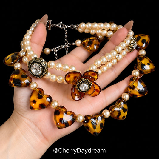 Tortoiseshell Heart & Pearl Layered Necklace Set