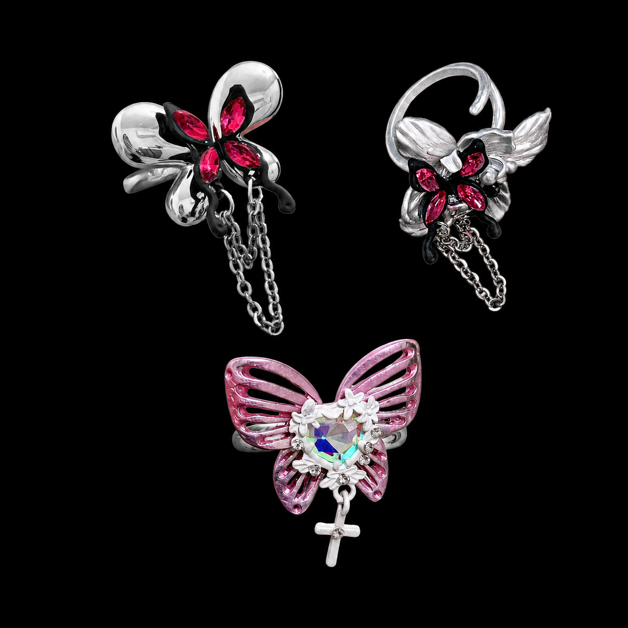Butterfly Crystal Ring — Y2K Fairycore Gothic Statement Ring