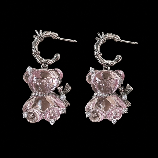 Pink Teddy Bear Hoop Earrings — Y2K Kawaii Crystal Bear Earrings