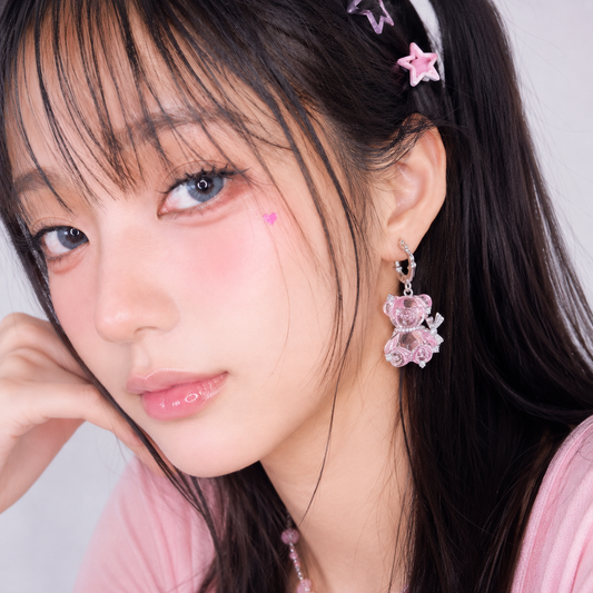 Pink Teddy Bear Hoop Earrings — Y2K Kawaii Crystal Bear Earrings